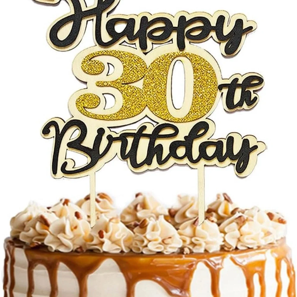 Gold and Black Happy 30th Birthday Cake Topper